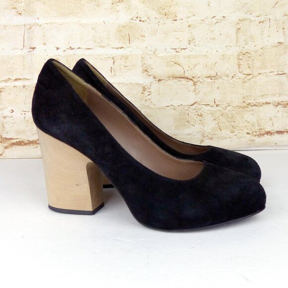 Acne Stack Wood Block Heel Suede Pump Women 40, 9 US Black Round Toe Pin Up Goth - Picture 1 of 13